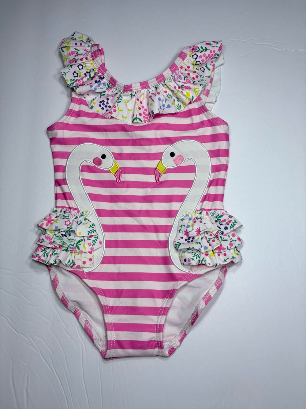 Girls' Pink Stripe Flamingo One-Piece Swimsuit
